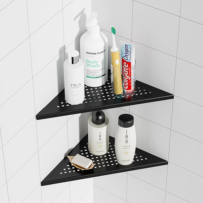 Neodrain 10 Inch Corner Matte Black Wall Shelf Set of 2, Floating Corner Shelves for Wall, 304 Stainless Steel Storage Shelves for Bathroom,No Drilling