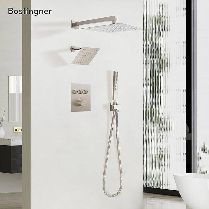 Thermostatic Shower System Wall Mounted, 12 inch Dual Shower Faucet Set with 8 inches Wall Mounted Shower Head, Push Button Diverter 3 Function Shower Head System with 2 in 1 Shower Handheld