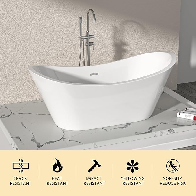 Logmey 67" Freestanding Bathtub White Acrylic Oval Shape Soaking Tub with Chrome Drain & Overflow Assembly for Classic Modern Bathrooms