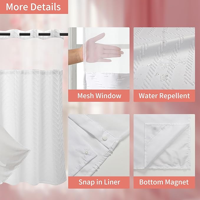 Hookless Shower Curtain with Snap in Liner 71" x 74" Double-Layer Waterproof Polyester Shower Curtain for Bathroom or Hotel Use,Removable Liner,Magnetic Hem,Large Rings,Machine Washable,White
