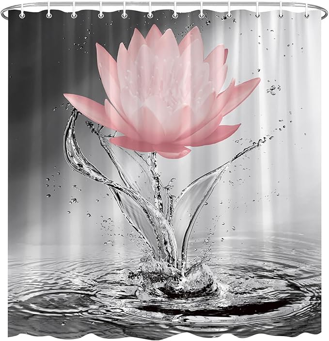 Lotus Shower Curtain Black White Grey Red Flower Elegant Blooming Floral with Dew Spring Flower Reflection on Water Modern Romantic Polyester Fabric Bathroom Decor 86×70 Inch with Hook