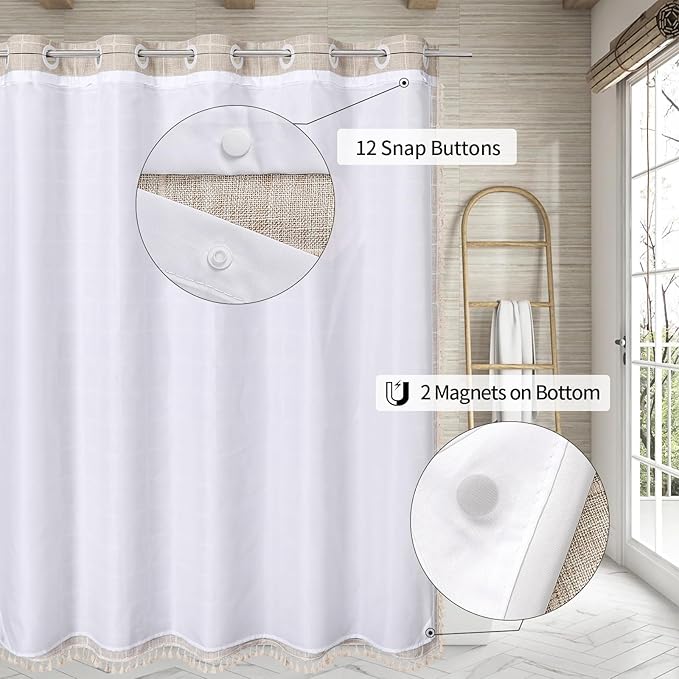 MitoVilla No Hooks Needed Boho Farmhouse Shower Curtain with Snap-in Liner, Cotton Linen Fabric Shower Curtains with Tassels for Rustic Neutral Bathroom Decor, Tan/Taupe, 72 x 74