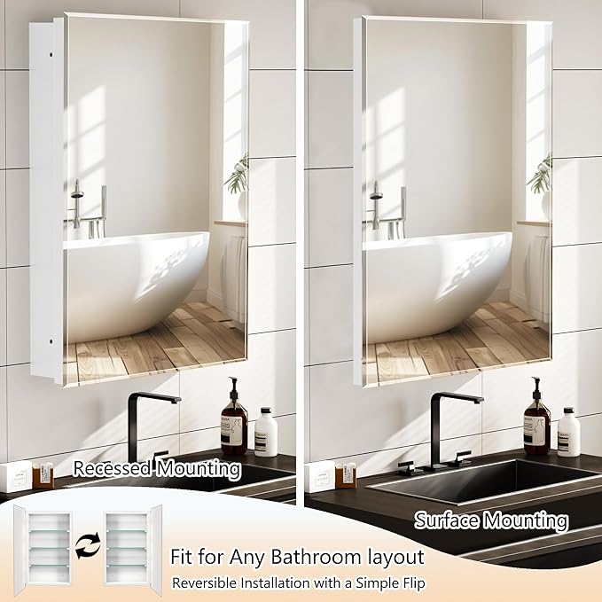 Bathroom Medicine Cabinet with 20"x26" Frameless Beveled Mirror,Recessed or Surface Mount, Space-Saving Storage for Toiletries,White Finish,Easy Installation