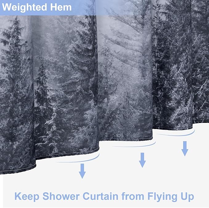 ORTIGIA 36x72 Misty Forest Stall Shower Curtain for Small Bathroom, Grey Half Size Narrow Nature Woodland Shower Curtain Set with Hooks, Waterproof Fabric Pine Tree Fog Magic Home Bath Curtain