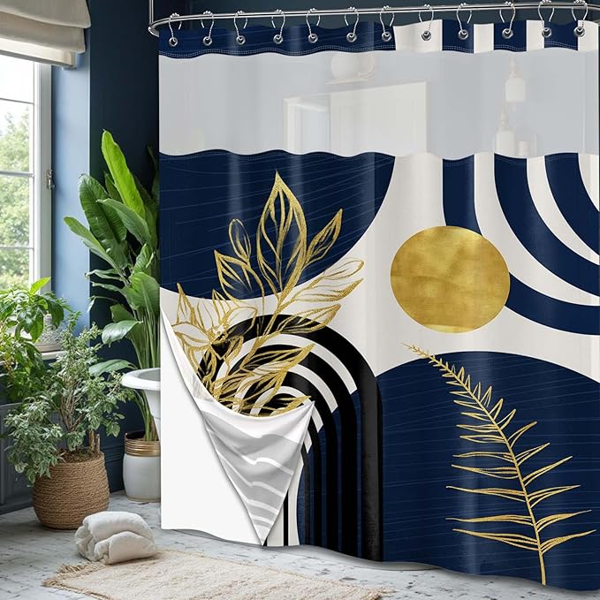 Navy Blue See Through Mesh Top Shower Curtain with Window, Boho Dark Blue and Gold Double Layer Mens Shower Curtains with Snap in Liner with Magnets, Waterproof Cloth Fabric with Hooks 71x72in
