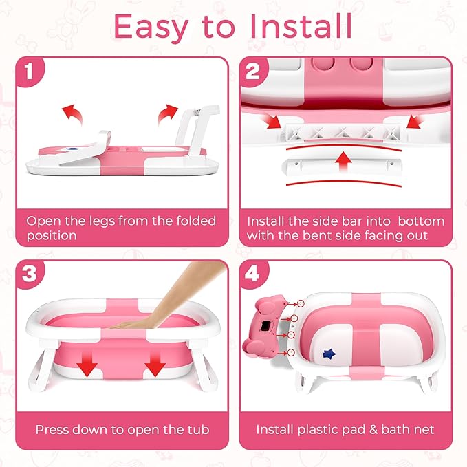 Baby Bathtub, Collapsible Newborn Bathtub for Infant to Toddler 0-24 Months with Soft Bath Net,Portable Travel Newborn Tub with No-Slip Feet, Baby Shower Gifts, Rose Pink