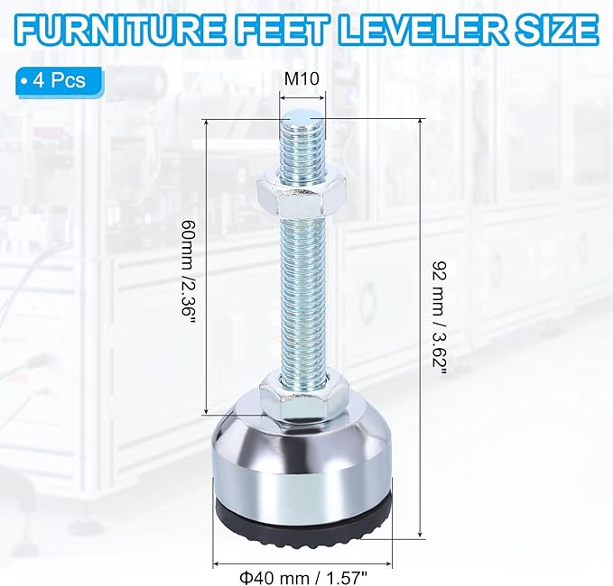 PATIKIL Furniture Leveling Feet 1.6" Dia Base M10 Thread, 4 Pcs Carbon Steel Adjustable Threaded Furniture Leveler Screw on Leg Leveler with Pads for Desk Chair Cabinet, Black