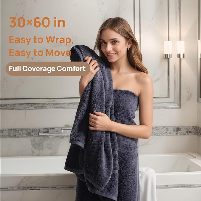 Cotton Bath Towel – Large 30x60 Inches, Soft, Thick & Absorbent Towel for Bathroom, Spa, or Home Use (Gray, 4 Pack – 30"x60")