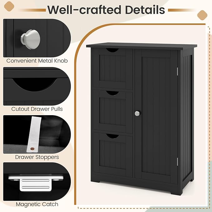 Tangkula Bathroom Floor Cabinet, Freestanding Storage Cabinet with 3 Drawers & Single Door, Adjustable Shelf, Multipurpose Bathroom Storage for Home Office, 23.5 x 12 x 32 Inches (3 Drawers, Black)