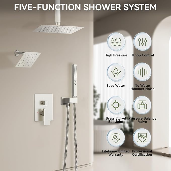 Shower Faucet Set Brushed Nickel Shower System,Bostingner Five Function Diverter Dual Head Shower Set,12'' Ceiling Mount and 6’‘ Wall Mount Rainfall Shower System with 2 in 1 Handheld Spray