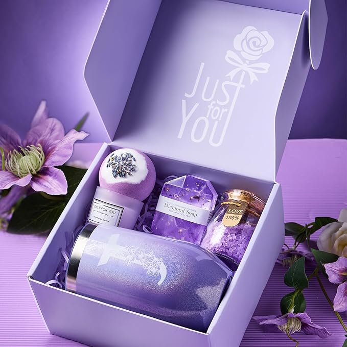 Birthday Gifts for Women, Relaxing Lavender Spa Gift Basket Set with 20oz Monogram Initial Tumbler for Mom Wife Sister Aunt Teacher Nurse, Wedding Gifts, Bridesmaid Gifts, Best Friend Gifts (J)
