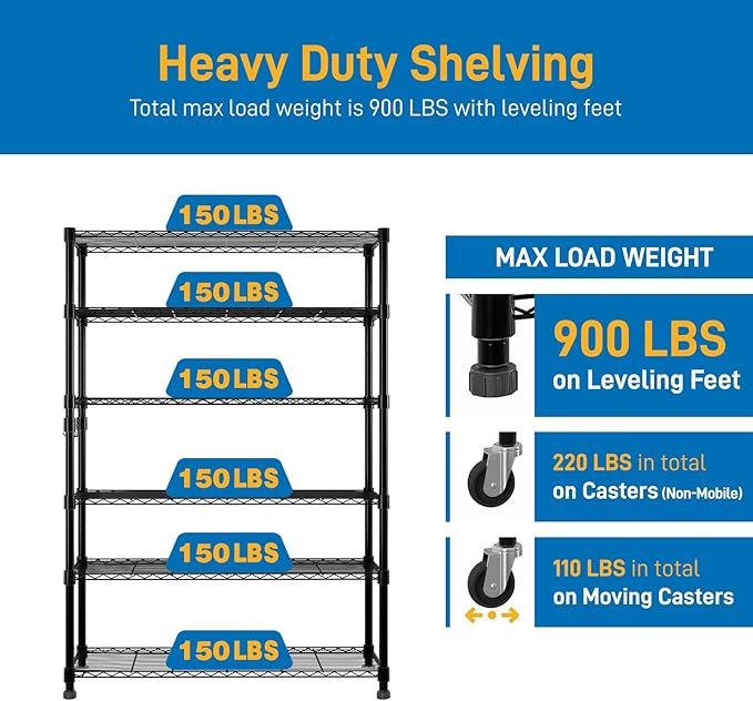 6 Tier Storage Racks Shelving, Heavy Steel Pantry Shelves, Adjustable Wire Shelving Rack with Wheels, Suitable for Garage, Kitchens, Bathroom, Offices, 46" W x 17.7" D x 82" H, Black