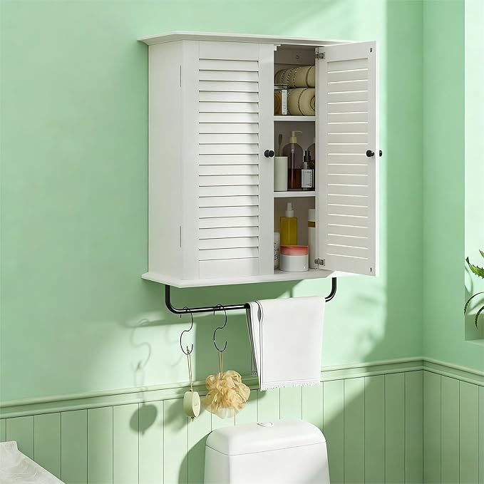 White Wall Mounted Cabinet, Over the Toilet Storage Cabinet, Wooden Wall Cabinet with 2 Doors & Hooks, White Wall Cabinet, Medicine Cabinet Organizer, Storage Cabinets Over Toilet Livingroom Kichen