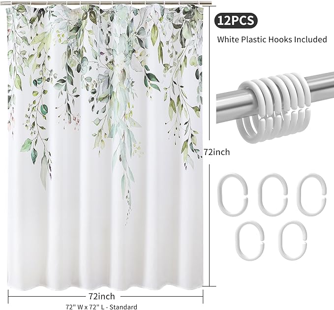 Colorful Star Sage Green Eucalyptus Waterproof Shower Curtain Set with Hooks, Minimalist Watercolor Floral Print Bathroom Décor, Plant Leaves Washable Fabric Shower Curtain, 72 x 72 Inch