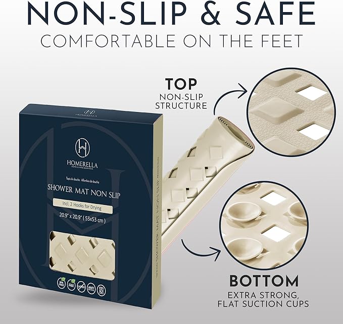 homerella® Shower Mat Non Slip Anti Mold, Non Slip Shower Mats for Inside Shower Stall Anti Slip Mat, Square Shower Floor Mat 21 x 21 in with Suction Cups & Hooks for Quick Drying, Machine Washable