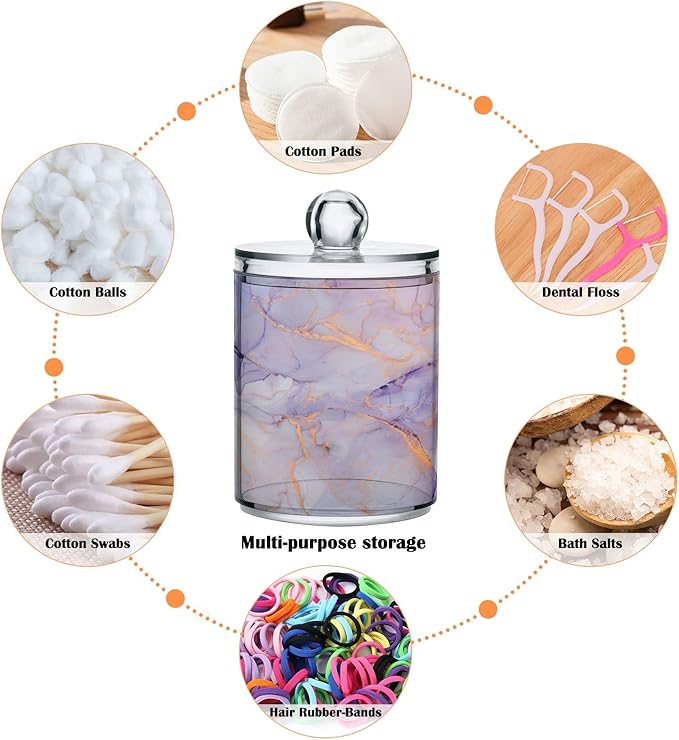 4 Pack Qtip Holder Organizer Dispenser Purple Transparent Waves Marble Bathroom Containers Bathroom Vanity Storage Canister Apothecary Jars for Cotton Swabs/Pads/Floss