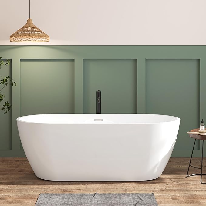 FerdY 67" Bali Elite Acrylic Freestanding Bathtub, Gracefully Shaped Freestanding Soaking Bathtub, Toe-Tap Brushed Nickel Drain and Minimalist Linear Design Overflow Included, cUPC Certified