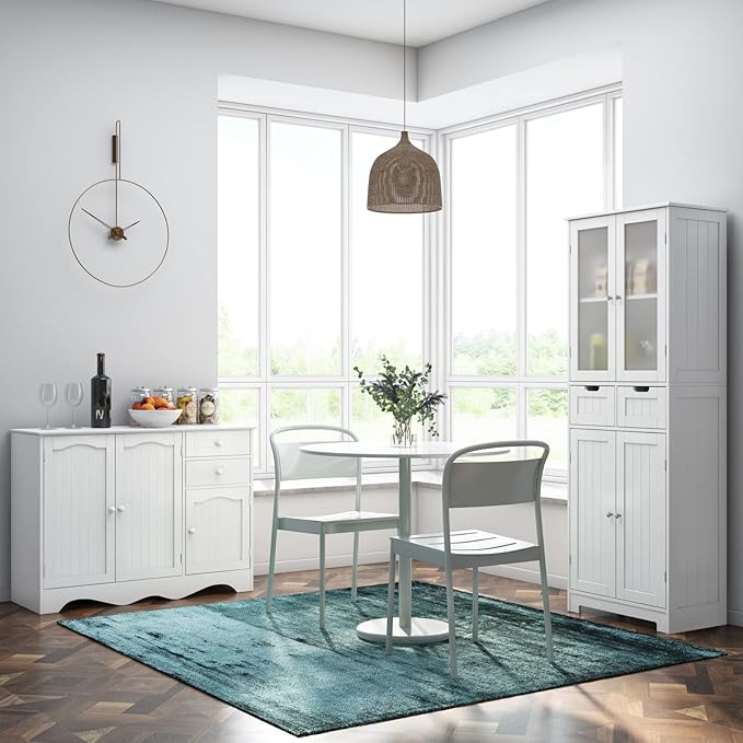 HORSTORS 67" Tall Bathroom Storage Cabinet, Freestanding Linen Cabinet with Glass Door and Shelves, Kitchen Pantry with 2 Drawers for Bathroom, Living Room, Dining Room, Office, White