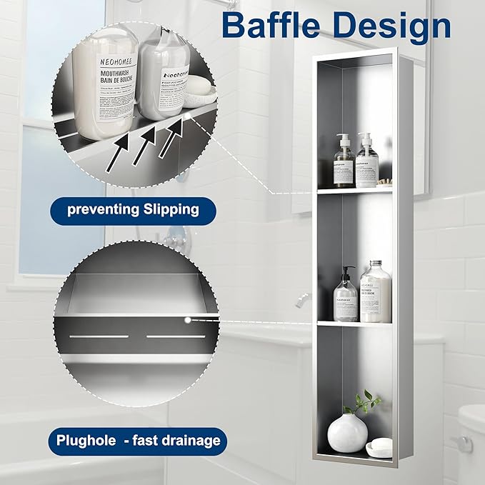 Neodrain 8X36 Inch Brushed Three Layers Stainless Steel Shower Niche, NO Tile Needed Recessed Wall Niche Shelf for Bathroom Storage, 3-Tier Built-in Cabinet niches in Wall