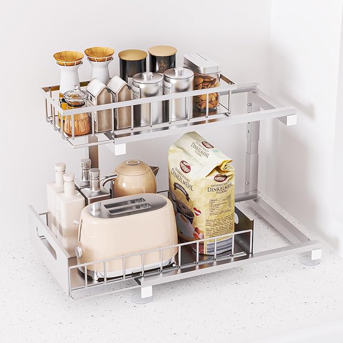 2 Pack Under Sink Organizer, Heavy Duty Meta Slide Out Sink Shelf Organizer Height Adjustable, Multi-Purpose Storage Shelf for Kitchen Bathroom (Silver,2Pack)