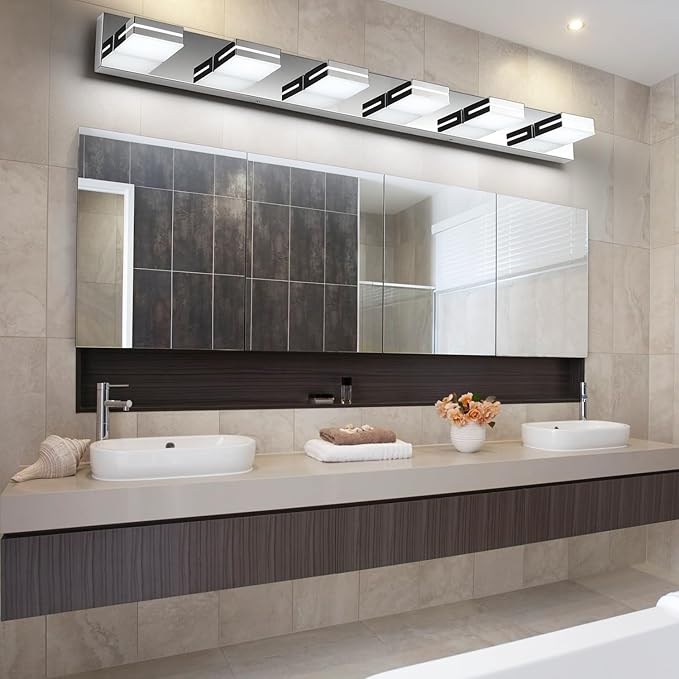 SineRise LED Modern Bathroom Vanity Light Fixtures (6-Light, 48-Inch), Chrome Modern Acrylic Bathroom Wall Lighting Fixtures Over Mirror (Cool White 6000K)