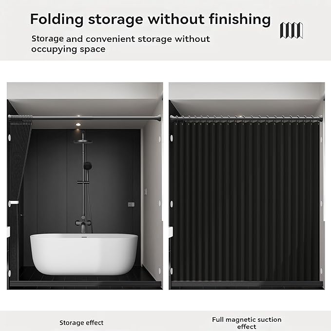 Bathroom Magnetic Folding Shower Curtain, Accordion-Style Shower Curtain, Suitable for Shower Rooms, bathtubs, Hotels or Apartments (Black, W:70*H79.5Inch)