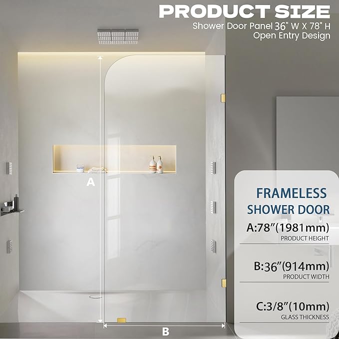 Frameless Shower Door, 36" W ×78" H Fixed Shower Glass Panel with Clamps, 3/8" (10mm) Glass Shower Doors, Clear Tempered Bathroom Shower Screen in Brushed Gold