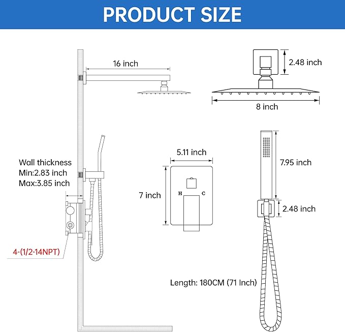 8 Inch Luxury Rain Shower Faucet Set, Brushed Gold Shower System with Rainfall Shower Head and Handheld Spray, SUS304 Stainless Steel and Solid Brass Wall Mounted Shower Valve Trim Kit