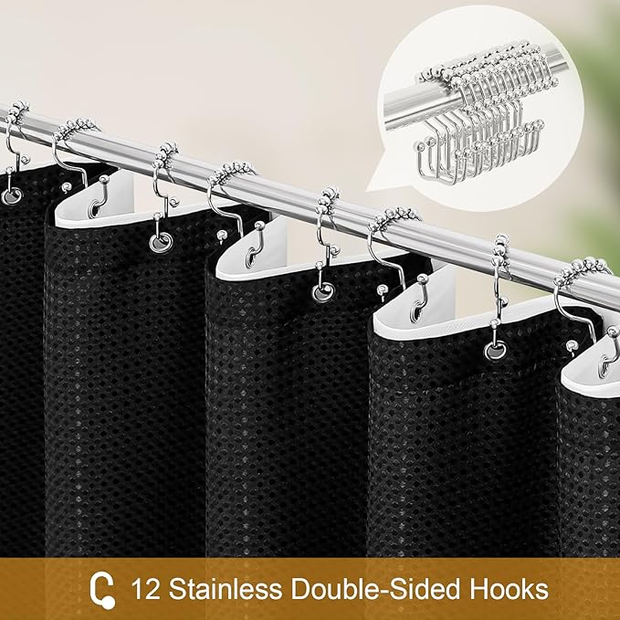 3 in 1 Extra Long Shower Curtain Set-72 W x 84 H, Black Waffle and PEVA Liner Set with 12 Stainless Steel Hooks, Waterproof Fabric for Bathroom
