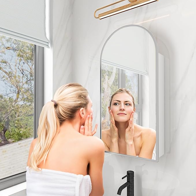 FKWin Arched Sliver Bathroom Medicine Cabinet with Mirror, Left or Right Opening, Bathroom Vanity Mirrors with Storage, Surface Mount Medicine Cabinet not Recessed, Silver, 16x32 inch