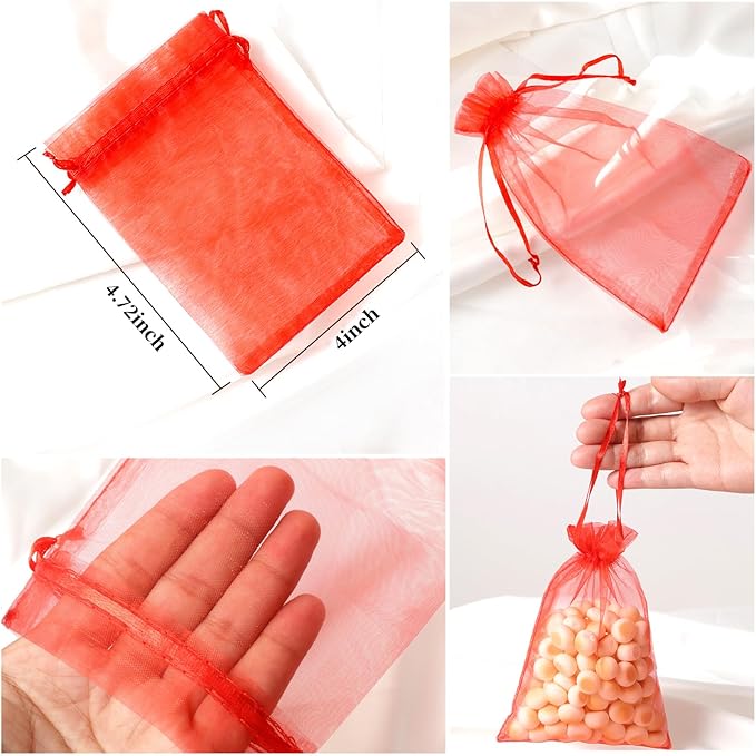 Hopttreely 100pcs Organza Bags, 4 x 4.72 inches Red Christmas Wedding Favors Christmas Gift Drawstring Bags Jewelry Pouches