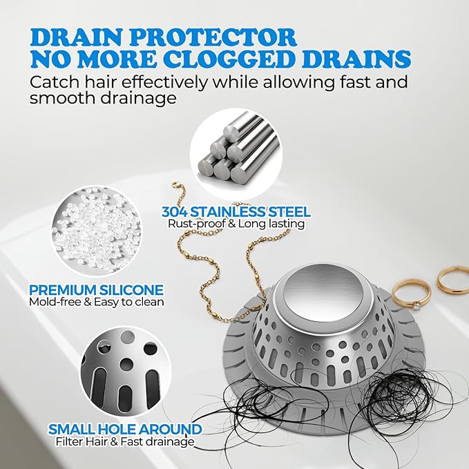 zaa Drain Hair Catcher - Bathtub Drain Cover, Hair Stopper for Bathtub Drain, 304 Stainless Steel Drain Protector and Hair Trap for Flat & Pop-up Drains, Silver Gray