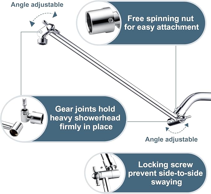 BRIGHT SHOWERS 15 Inch Extra Long Shower Head Extension Arm, Solid Brass Shower Arm Extender with Locking Screw for Rain and Handheld Showerhead, Height & Angle Adjustable, Chrome