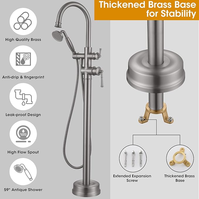 Freestanding Bathtub Faucet, Floor Mount Tub Faucet Brushed Nickel High Flow Tub Filler, Roman Tub Faucet with Antique Handheld, Swivel Gooseneck Spout Shower Mixer Taps (B2311-BN)