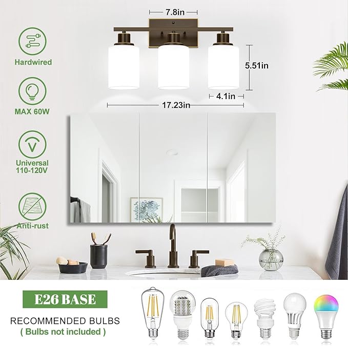 3-Light Bathroom Light Fixtures, Vanity Light with Milky White Shades, Oil-Rubbed Bronze Bathroom Light Fixtures Over Mirror, Modern Bathroom Wall Lamp for Mirror Living Room Cabinet Bedroom