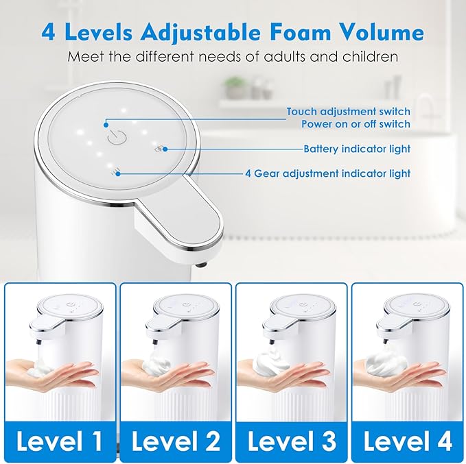 Automatic Foaming Soap Dispenser, 4-Level Adjustable Electric Foam Hand Soap Dispenser, USB Rechargeable Touchless for Bathroom Countertop, Kitchen, 13.5oz, Wall Mounted(White)