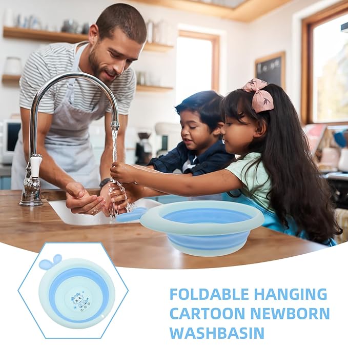 Collapsible Wash Basin and Portable Sink Tub for Newborns, Cartoon Blue, Lightweight Plastic Foldable Washbasin for Travel and Home Bathing