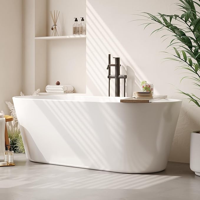 59 in Acrylic Freestanding Bathtub - Extra Deep Soaking Tub for Adults, Stand Alone Tub with Integrated Overflow Drain, CUPC Certified Modern Bathroom Tub, White