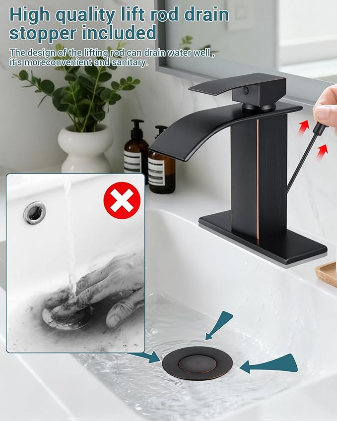 Bathroom Faucets with Lift Rod Drain Oil Rubbed Bronze Waterfall Bathroom Sink Faucet Modern Single Handle Bathroom Faucet for 1 or 3 Hole Mxier Tap Washbasin Faucet with Deck