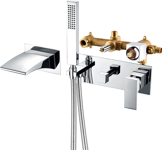 SUMERAIN Wall Mount Tub Faucets, Waterfall Tub Filler Spout with Hand Shower