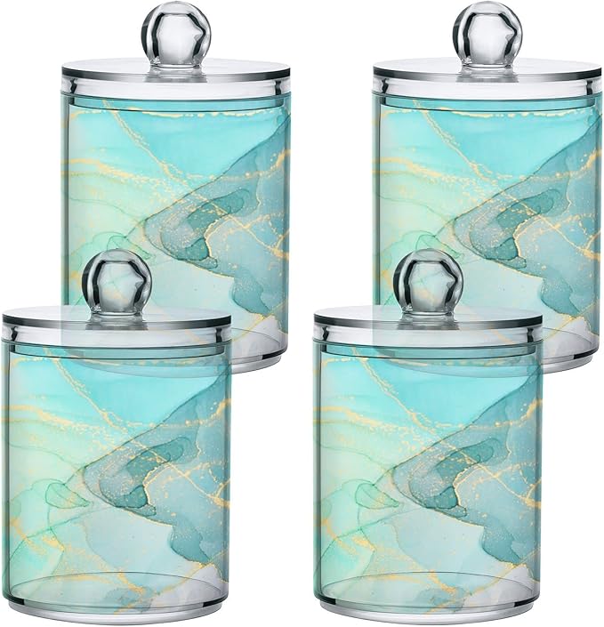 MNSRUU 4 Pack Qtip Holder Organizer Dispenser Modern Art Marble Teal Bathroom Containers Bathroom Vanity Storage Canister Apothecary Jars for Cotton Swabs/Pads/Floss