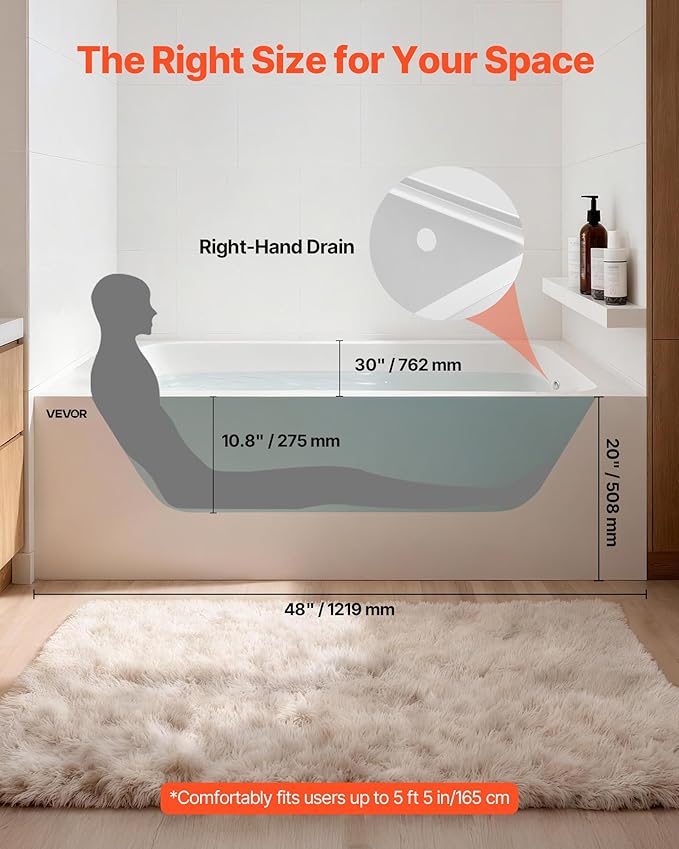 VEVOR Alcove Bathtub, 48" x 30" Contemporary Alcove Acrylic Bathtub, Soaking Bath Tub with Right Hand Drain and Overflow Hole, Large Rectangular Deep Soak Tub for Bathroom with Integral Flange, White