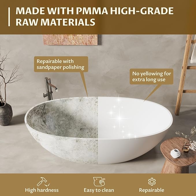 65 in Solid Surface Freestanding Bathtub, Contemporary Oval Shape Soaking Tub, Stone Resin Stand Alone Bathtub With Pop-Up Drain and Overflow, Cupc Certified,Matte White