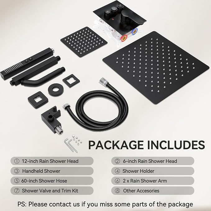 Shower Faucet Set, 12" Shower System with Rain Shower and Handheld, Ceiling Mount Dual Head Can Run All Together For Two People, 3 Way Shower Valve with 5 Diverter Complete, Matte Black