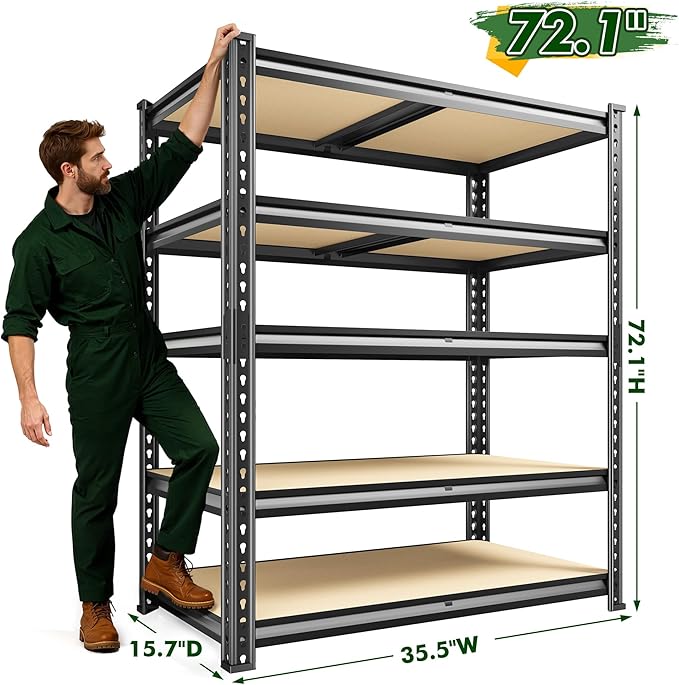 72.1" H Garage Shelving 2030LBS Garage Storage Shelves, 5 Tier Adjustable Metal Shelving, Storage Shelves for Storage, Basement, Warehouse, Pantry, Kitchen, 35.5" W x 15.7" D x 72.1" H, Black