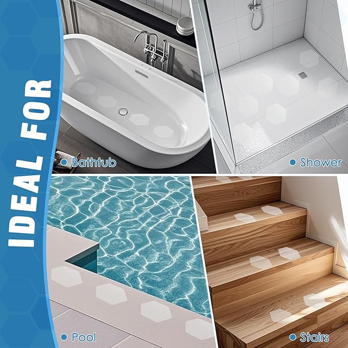 S&X 24 Pcs Anti Slip Shower Stickers (Large 4.7" Hexagon), Oversized Non Slip Bathtub Stickers with Scraper, Invisible Clear High Traction Grit Safety Bath Decals for Tub Floor, Pools, Stairs