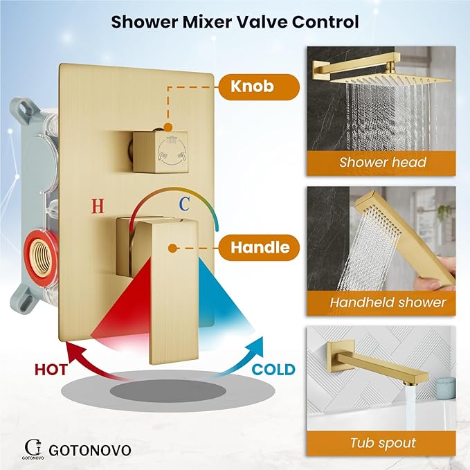 gotonovo Shower System with Tub Spout Wall Mounted Rain Shower Head and Handle Combo Shower Faucet Set with Valve, 12 Inch, Brushed Gold