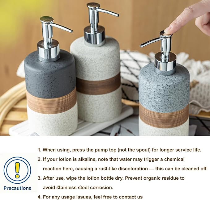 Dish Soap Dispenser Set with Silicone Funnel, Hand Soap, Shampoo, Body Wash, Ceramic Liquid Soap Dispenser for Kitchen and Bathroom Countertops, Stainless Steel Pump, Non Slip, 12 Oz, Black