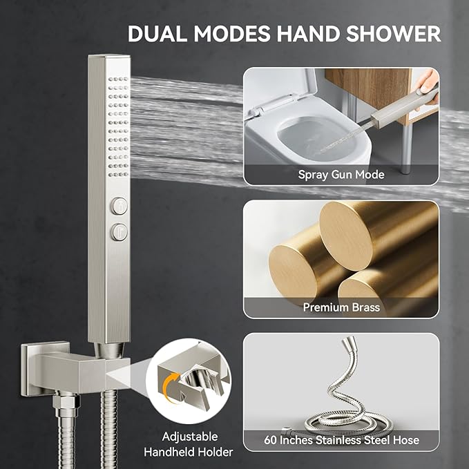 Brushed Nickel Shower System with Jets,Bostingner 4 Way Shower Faucet Set with 2 in1 Handheld,Ceiling Mount 12"+6" Rain Shower Head Wall Mounted, 4 Body Spray Jets Dual Head Shower Set