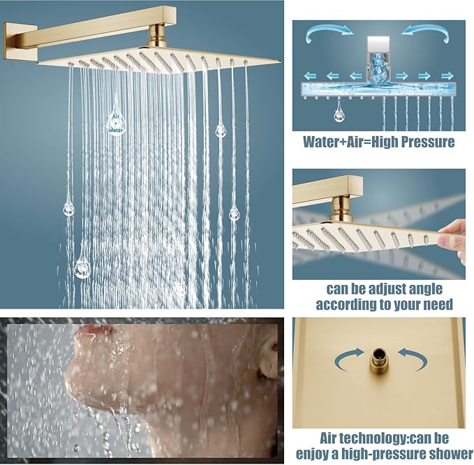 Aolemi Shower Faucet Set Rain Shower System with Handheld Spray Bathroom Shower Combo Rough-in Valve and Shower Trim Kit Included Brushed Gold 12 Inch Wall Mount Shower Head